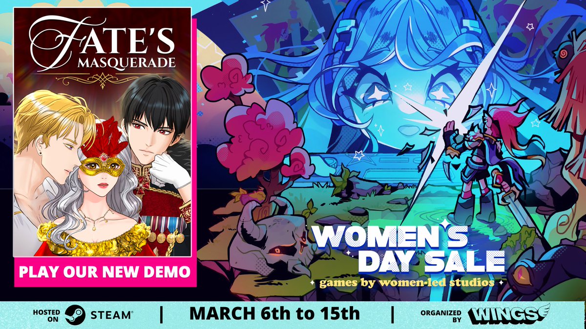 SmallSerenitySt's tweet photo. #fatesmasquerade is honored to be part of the #WomensDaySale hosted by @wingsfundme on Steam! 🎉
Celebrate female game developers & artists by exploring 700 games in this amazing festival!
Check out the sale here: https://t.co/lneeKwqTaK
#Otome #IndieOtome https://t.co/yaeqKatdh0