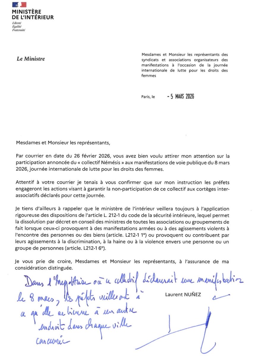 WilliamMolinie's tweet photo. Laurent Nuñez a demandé aux préfets d’interdire la participation du collectif “Némésis” aux cortèges inter-associatifs du 8 mars, journée internationale de lutte pour le droit des femmes.

Son courrier aux représentants des syndicats et associations organisateurs des manifestations du 8 mars ⬇️
