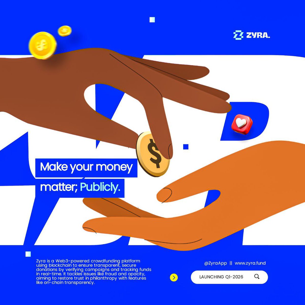 ZyraApp's tweet photo. For years, crowdfunding has been built on trust alone.

You send money.
You hope it’s used the right way.
You wait for updates that may never come.

But Web3 changes that.

Funding can now be transparent.
Contributions can be visible.
Impact can be verified by everyone. https://t.co/zEELo5z1tI