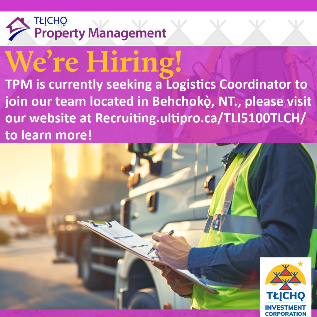 Tlichoic's tweet photo. New Job Posting Available! - Logistics Coordinator (TPM - Behchokǫ̀)

Learn more and apply here: https://t.co/WCBAsxYxE3 https://t.co/FB8IdZnUez