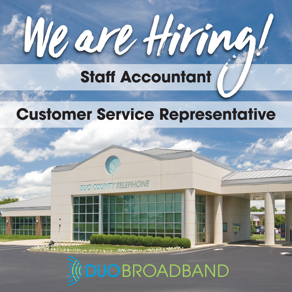 DUOBroadband's tweet photo. DUO Broadband has openings for two positions: Staff Accountant and Customer Service Representative. This is your opportunity to join our team and be part of a dynamic organization that values creativity, collaboration, and professional growth. 
Visit https://t.co/FEzxv9Qb0I https://t.co/wX6WtmAiQj