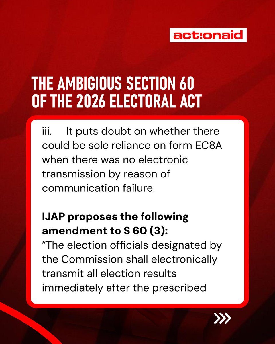 AWholeSalmanPR's tweet photo. After the Senate's verdict on the mandatory electronic transmission of election results, IJAP has noticed some loopholes and proposed a solid move to increase transparency and prevent tampering with results. #2026ElectoralAct #Section60(3)
IJAP is pushing for officials to compulsorily transmit results immediately after signing and stamping at polling units and collation centers. What do you think about this?
