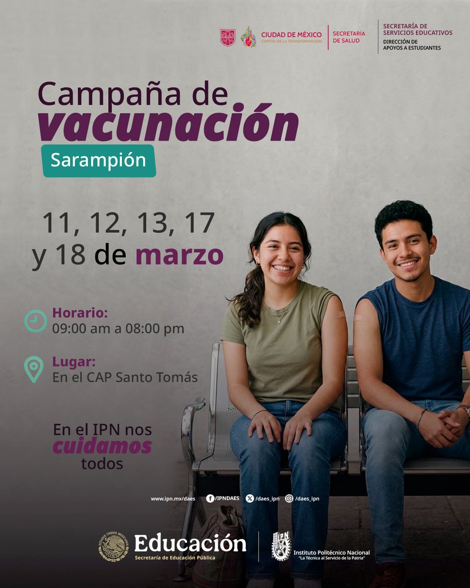 IPN_MX's tweet image. 📣 ¡Contra el sarampión, no bajes la guardia! En el IPN nos cuidamos todos.🤰👶 Acude a nuestra campaña de vacunación en el #CascoDeSantoTomás.💉
🗓️ 11, 12,13, 17 y 18 de marzo.
⏰ De 9:00 a 20:00 horas
📍#CAP Santo Tomás
#SaludIPN