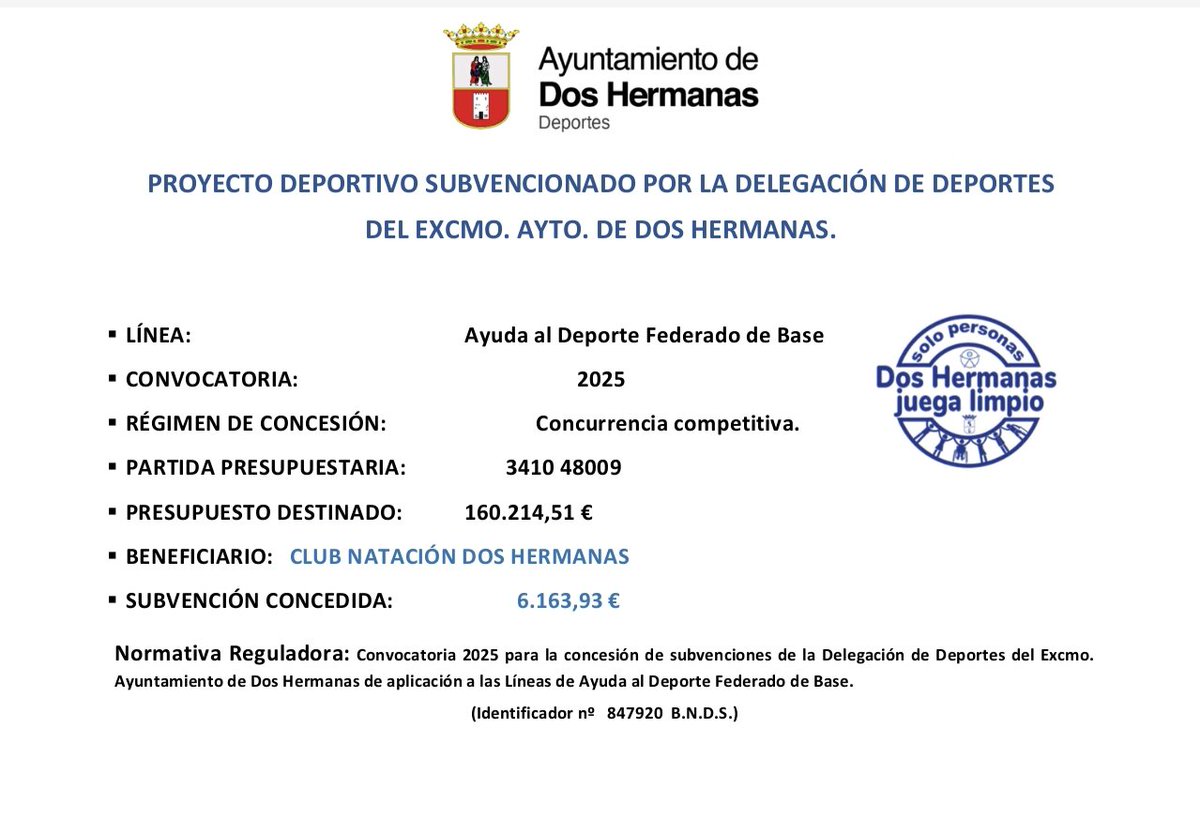 El CN2H informa de la concesión de la subvención pública de concurrencia competitiva por parte del Ayuntamiento de Dos Hermanas en el concepto de Ayuda al Deporte Federado de Base 2025, imprescindible para poder mantener y avanzar en los objetivos de nuestro Club.