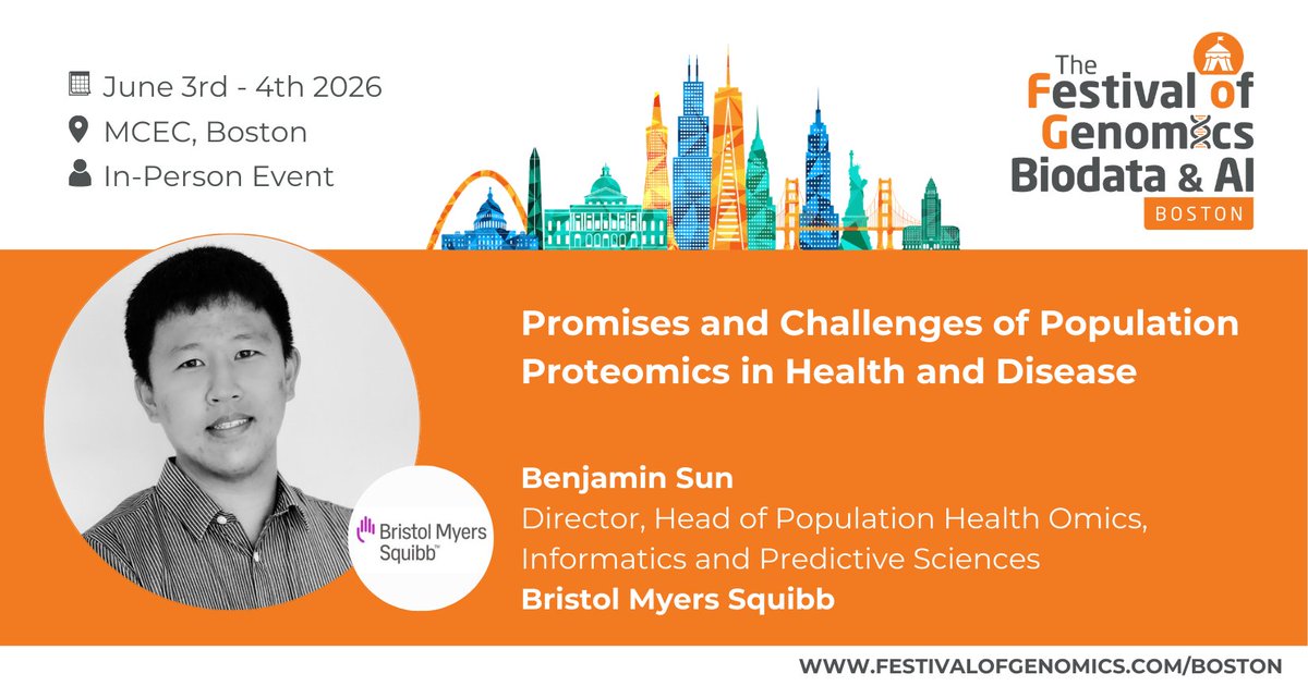 FLGenomics's tweet image. If you’re interested in #proteomics, you’ll want to hear from Benjamin Sun (Director, Head of Population Health Omics, Informatics and Predictive Sciences, Bristol Myers Squibb) at The Festival of Genomics, Biodata &amp;amp; AI in Boston! More info: hubs.la/Q045KbQj0 #FOGBoston