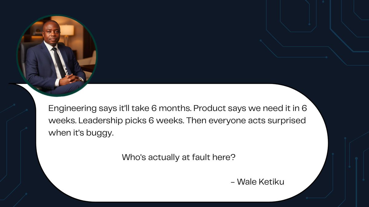basking4me's tweet image. Engineering estimates.

Product pushes.

Leadership compresses the timeline.

Then everyone blames the bugs.

Who really owns the decision?

#Leadership #ProductManagement #StartupLife #TechLeadership #Entrepreneurship #SoftwareDevelopment #BusinessStrategy