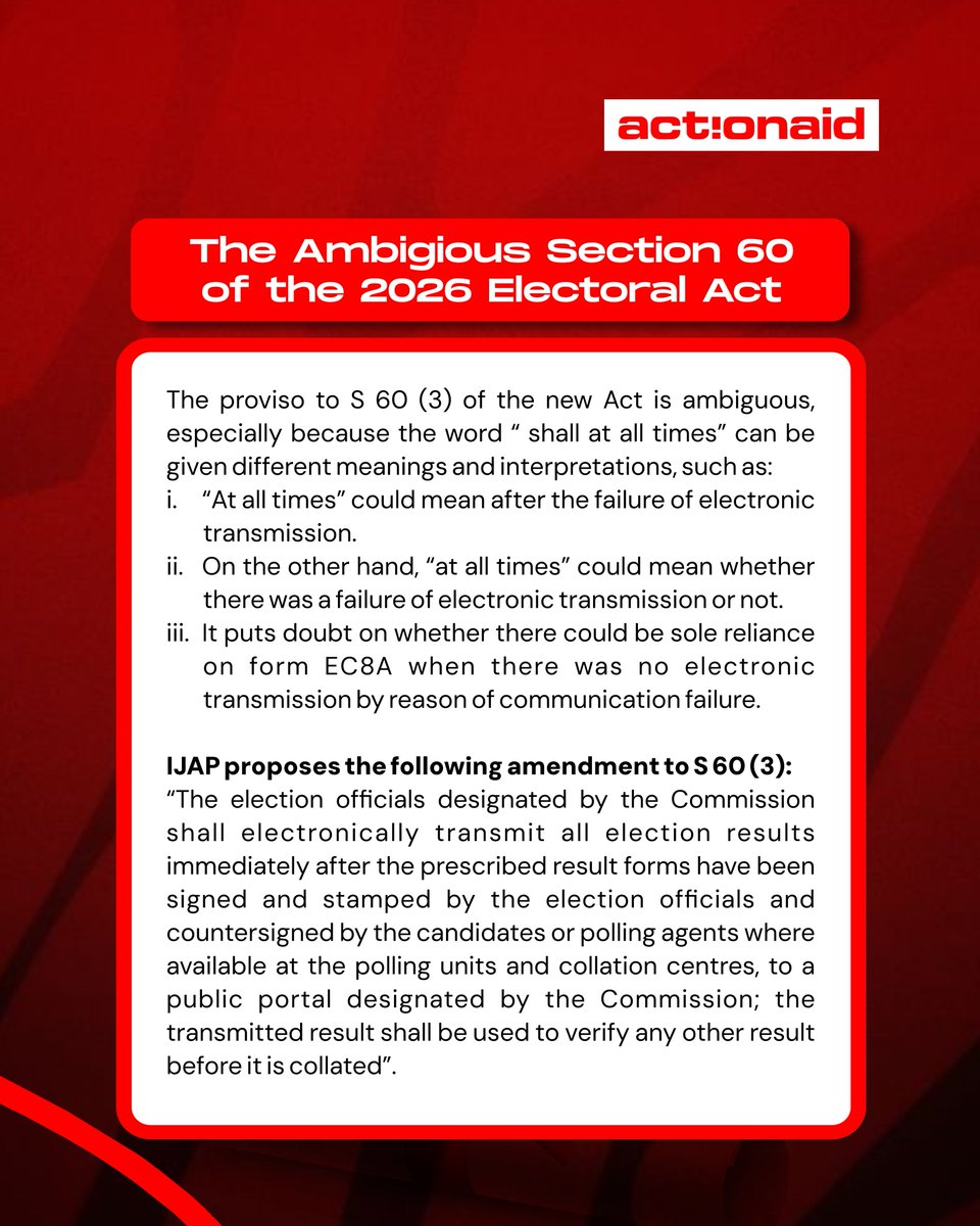 Osas_ThePlug's tweet photo. The integrity of our elections depends on clarity, yet #Section60(3) of the #2026ElectoralAct remains a "gray area." The current language around result transmission is dangerously ambiguous, leaving room for conflicting interpretations that could undermine the will of the voters. https://t.co/tD3Isisdd8