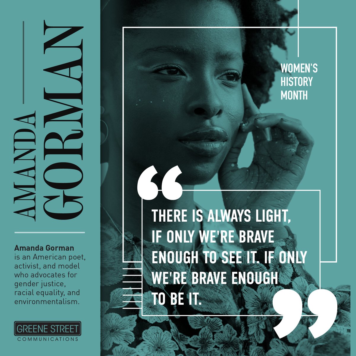 GStreetGroup's tweet photo. As we close out the first week of Women’s History Month, we reflect on the power of voice and storytelling.

Amanda Gorman reminds us that words can inspire action and shape conversations.

#GreeneStreet #WomensHistoryMonth https://t.co/wFQY7A25xq