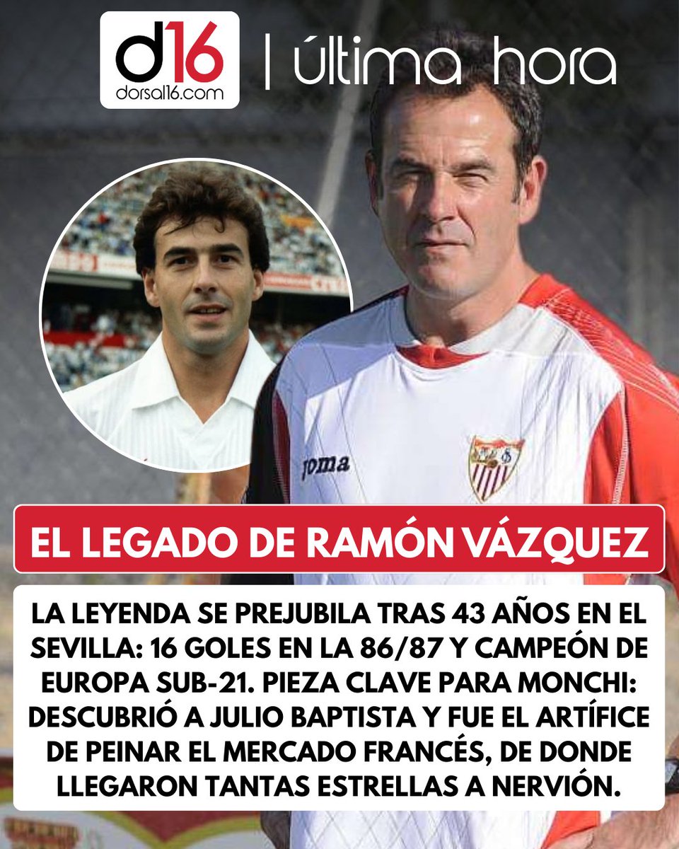 🔴 ADIÓS A RAMÓN VÁZQUEZ TRAS 43 AÑOS AL SERVICIO DEL CLUB ⚪️

❤️ De ídolo como futbolista de los años 80 a pieza clave en la dirección deportiva junto a Monchi.

👔 Se marcha del club una auténtica leyenda que ha dedicado una vida entera al Sevilla FC.

🗨️ ¿Con qué Ramón Vázquez