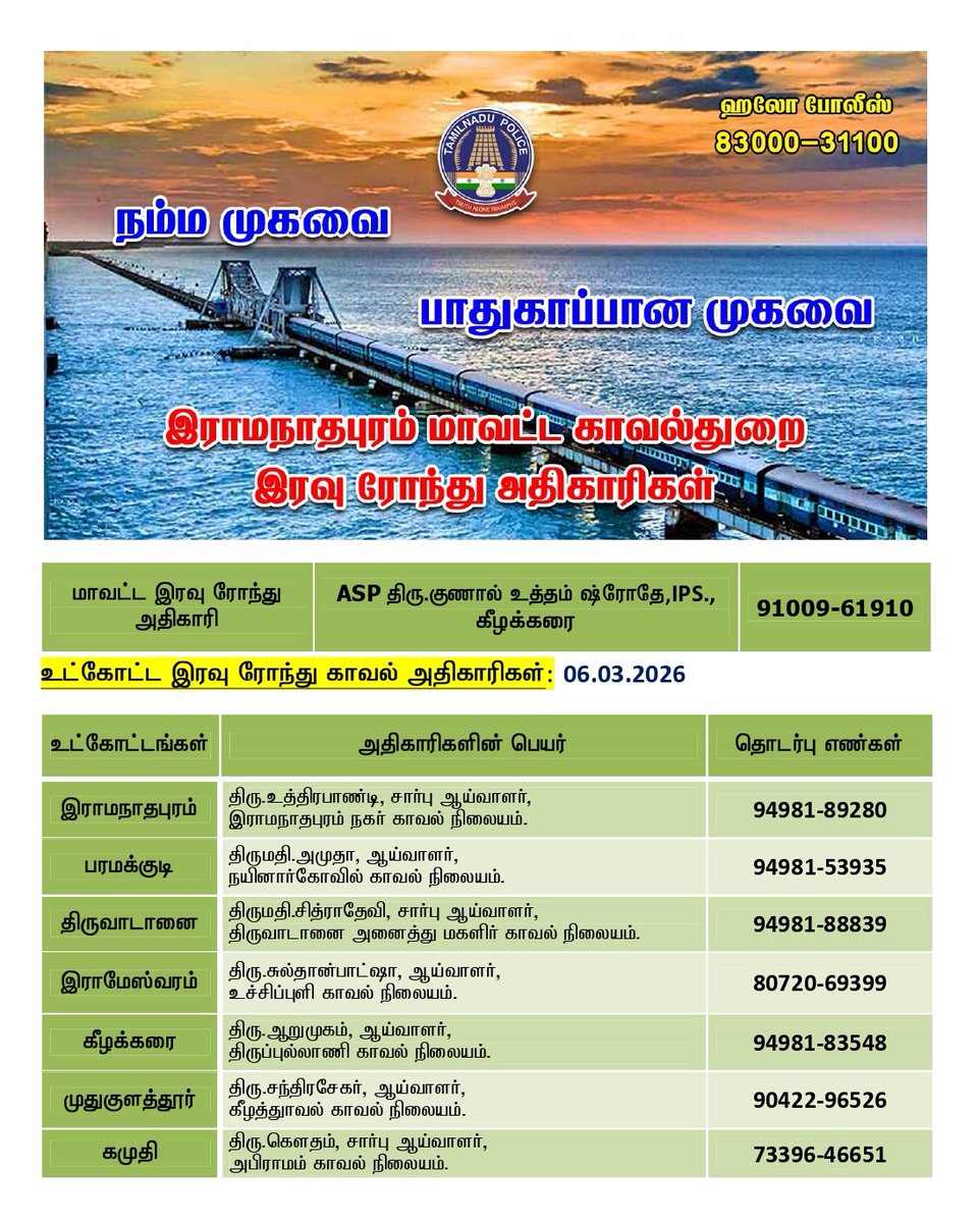 இன்று (06.03.2026) இரவு 10.00 மணி முதல் காலை 6 மணி வரை இரவு ரோந்து பணிக்கு நியமிக்கப்பட்ட அதிகாரிகள் மற்றும் தொடர்பு கொள்ள வேண்டிய உதவி எண்கள் (அ) 100 ஐ டயல் செய்யலாம்.