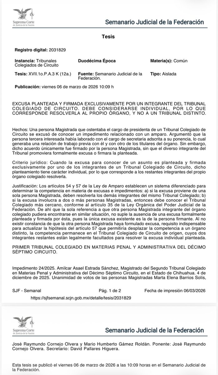 EXCUSA PLANTEADA Y FIRMADA EXCLUSIVAMENTE POR UN INTEGRANTE DEL TRIBUNAL COLEGIADO DE CIRCUITO. DEBE CONSIDERARSE INDIVIDUAL, POR LO QUE CORRESPONDE RESOLVERLA AL PROPIO ÓRGANO, Y NO A UN TRIBUNAL DISTINTO.