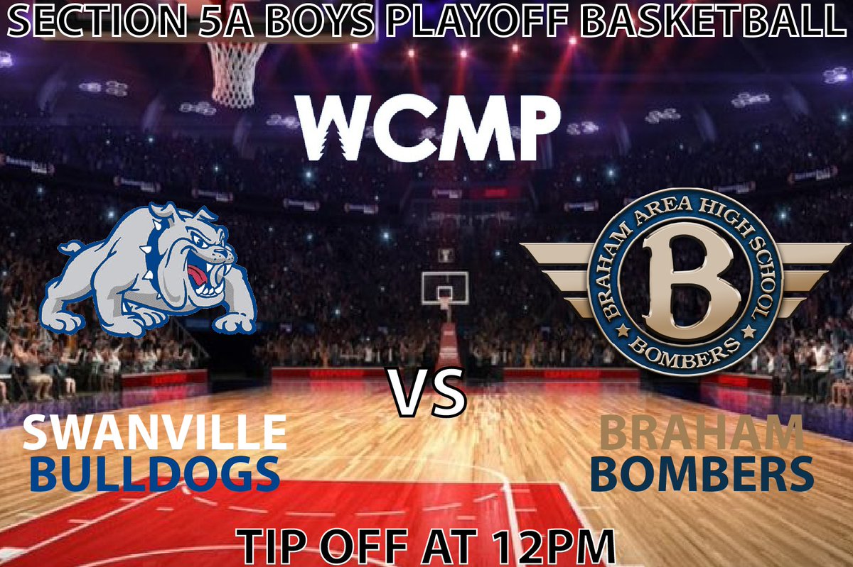 Qmediasports's tweet photo. Boys playoff basketball today on WCMP!
Section 5A East!

Swanville vs Braham Noon
Listen live on 106.5FM-AM1350
Audio only at: https://t.co/tZzuQL7CMS

@ShawnKuhnke 
@brahamboysBB 
@jeff_eklund https://t.co/lu21VxqSvW
