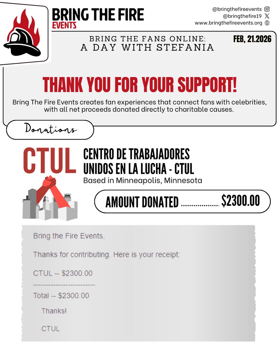 bringthefire19's tweet photo. Because of YOUR incredible support at Bring the Fans Online: A Day with Stefania, we’re proud to share that we’ve donated $2,300 to each organization; The Ali Forney Center and Centro de Trabajadores Unidos en la Lucha ❤️🔥

We’re also excited to share that we were able to secure an additional $2,000 in matching funds for The Ali Forney Center, helping extend the impact even further.

Thank you for believing in our mission and making this possible. We truly couldn’t do this without you.