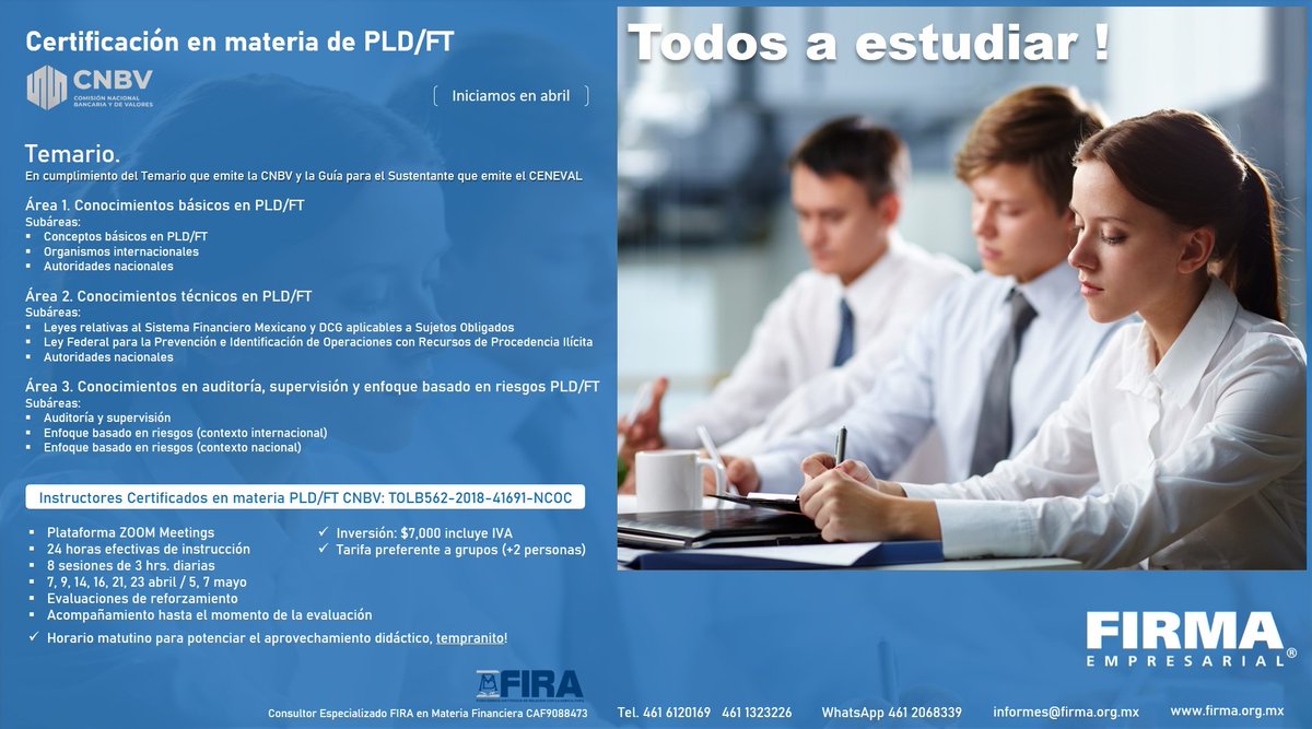 asesoresFIRMA's tweet photo. TODOS A ESTUDIAR !
Certificación en materia de PLD/FT CNBV 2026 https://t.co/UldaqOFhTe