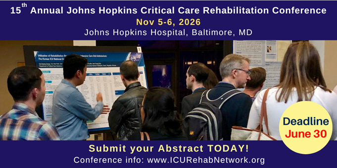 icurehab's tweet photo. Submit Abstract NOW!

Oral &amp; poster presentations

15th Johns Hopkins #ICURehab
Conference

Details in graphic

Nov 5-6, 2026

Info: https://t.co/ZtjyB7dPss https://t.co/6KMR1kWXnt