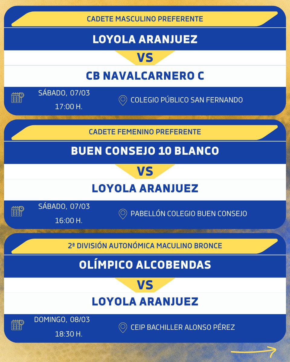 Jornada intensa para el CBS Loyola Aranjuez 🏀

Todos los equipos juegan este 7 y 8 de marzo.
Varias citas en casa en el Agustín Marañón y el San Fernando.

¡Nos vemos en la grada! 💙💛

#Baloncesto #Loyola #Aranjuez