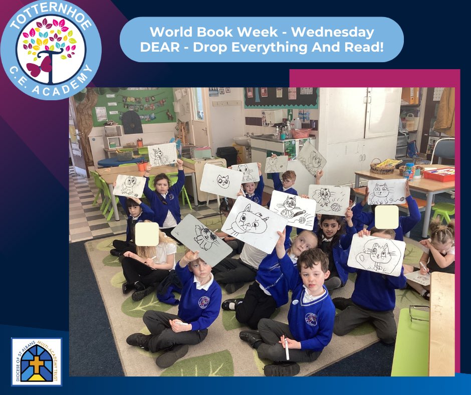 TotternhoeCE's tweet photo. 📚 World Book Week - Wednesday 

DEAR - Drop Everything And Read

Today when the bell rung all children &amp; staff picked up their books &amp; read until they heard the bell ring again. 
Y1 also watched a video to help them draw an illustrated character from a book they were reading. https://t.co/XLLDzNV35R