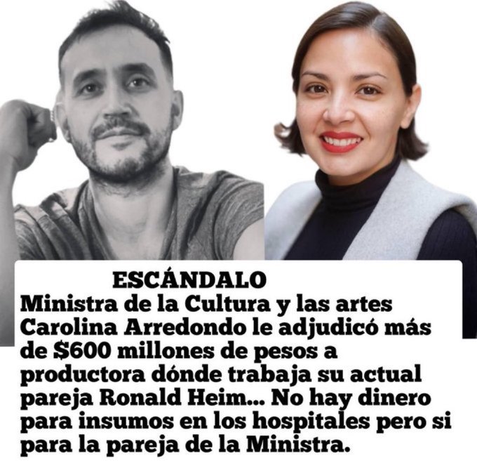 Pillaron a la Ministra Carolina Arredondo <a href="/_caroarredondo/">Carolina Arredondo</a> en traspaso de $ 600.000.000 a la 
productora de su pareja Ronald Heim. 

El Gobierno de #Boric vino a SAQUEAR CHILE. Boric, Marcel, Grau y muchos otros deben ser 
JUZGADOS