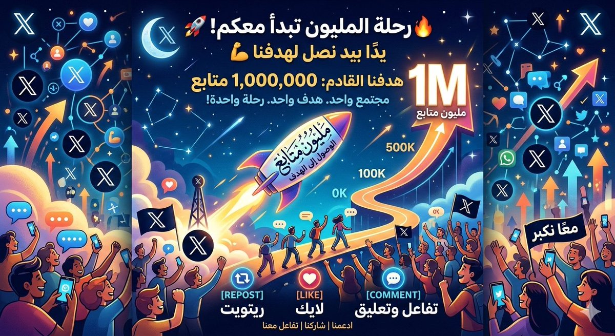 🚀 الهدف الكبير: الوصول إلى مليون متابع! 🚀
نحن هنا لنصنع مجتمعًا قويًا ومؤثرًا على X… والهدف واضح: مليون متابع 💪🔥
إذا كنت هنا الآن فأنت جزء من الرحلة!
خلّينا ندعم بعض ونكبر مع بعض 👇
🔁 ريتويت للمنشور
💬 تعليق عشان نتفاعل معك
➕ متابعة للحساب
🤝 تابع الموجودين في التعليقات