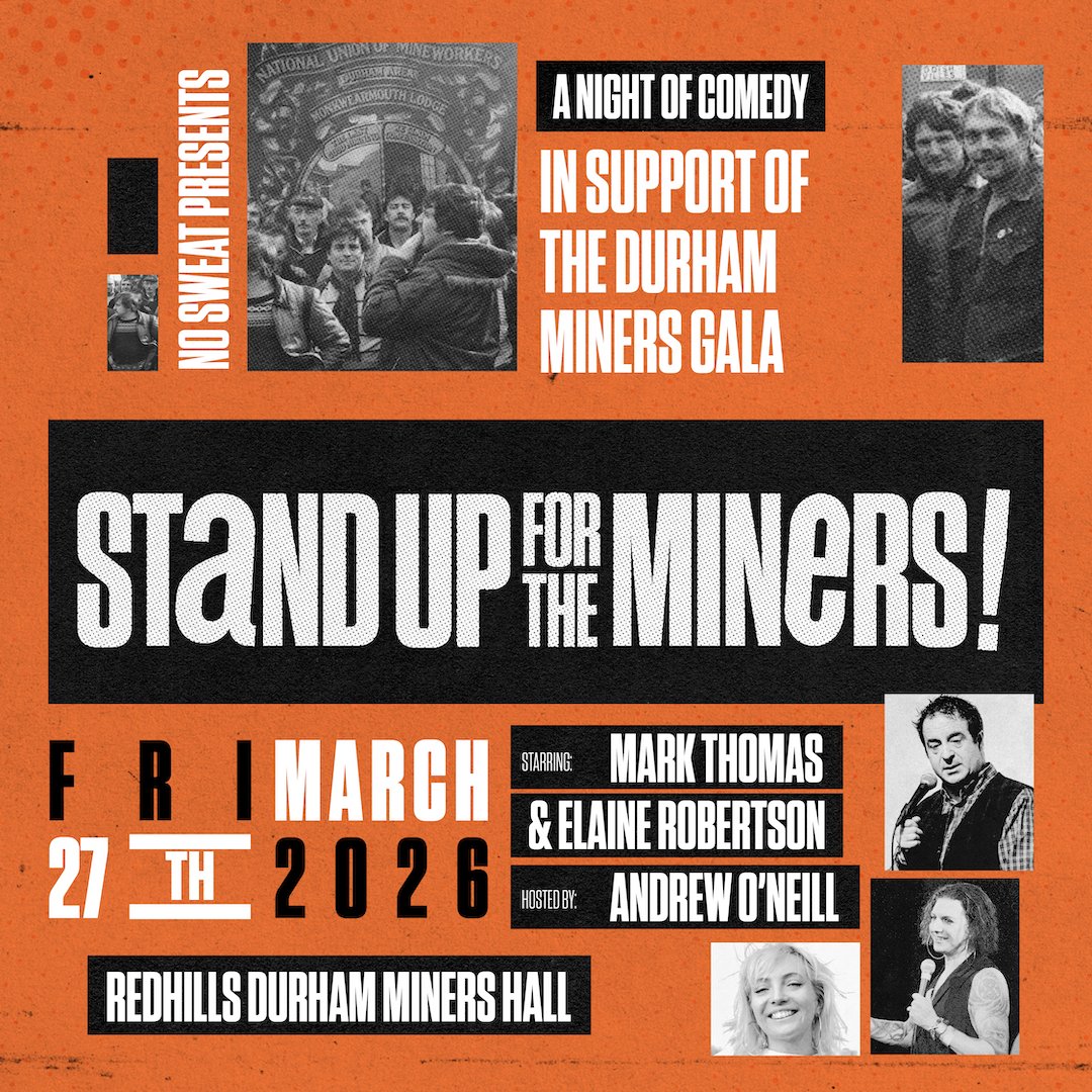 DurhamGala's tweet photo. Come to @RedhillsDurham on Friday 27 March for a great night of comedy in support of the #DurhamMinersGala.  

With the legendary Mark Thomas, brilliant County Durham comedian Elaine Robertson &amp; the fabulous Andrew O'Neill (@destructo9000).  

Tickets: https://t.co/FBIpm17o8Z https://t.co/VQdgzDaO0O