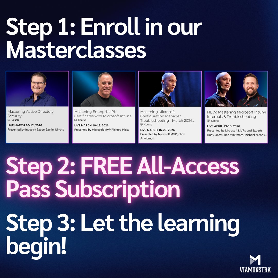 richardhicks's tweet photo. Wow, this is huge! If you enroll for a @viamonstra Masterclass (hint: mine is next week!), you will receive a FREE all-access pass subscription, which is good for an entire year! This is a limited time offer, so take advantage today! https://t.co/RG4sHjeD09 #msintune #cloudpki #pki