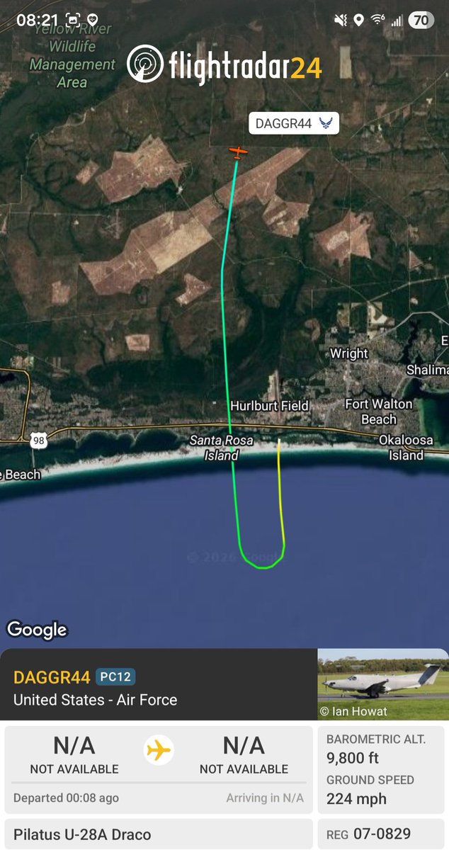 Borrowed7Time's tweet photo. USAF: A variety of SOCOM aircraft over the FL panhandle:
U-27A Grand Caravan 96-6048 #AE17CB as N
AT-802U Sky Warden 22-0002 #AF83F5 as DUSTY46
U-28A Draco 07-0829 #AE5B89 as DAGGR44
EC-130J(?) 96-8154 #AE0248 HYDRA17
@sipjack1776 @LadyAstroJet https://t.co/ansMpQksmL
