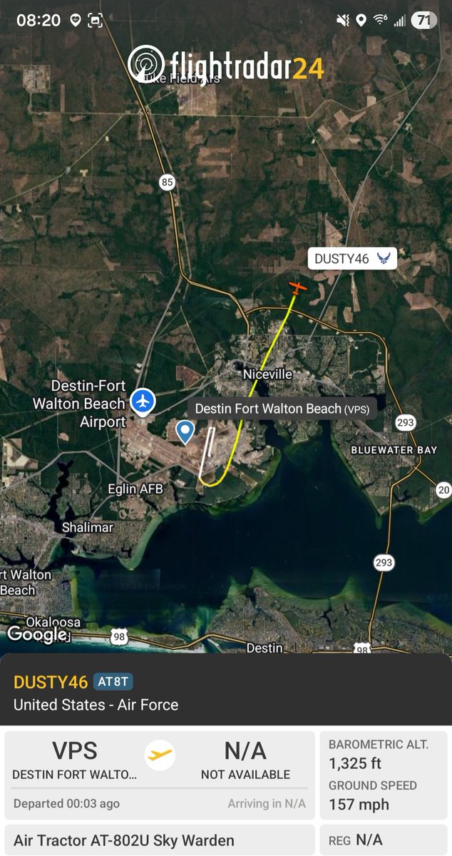 Borrowed7Time's tweet photo. USAF: A variety of SOCOM aircraft over the FL panhandle:
U-27A Grand Caravan 96-6048 #AE17CB as N
AT-802U Sky Warden 22-0002 #AF83F5 as DUSTY46
U-28A Draco 07-0829 #AE5B89 as DAGGR44
EC-130J(?) 96-8154 #AE0248 HYDRA17
@sipjack1776 @LadyAstroJet https://t.co/ansMpQksmL