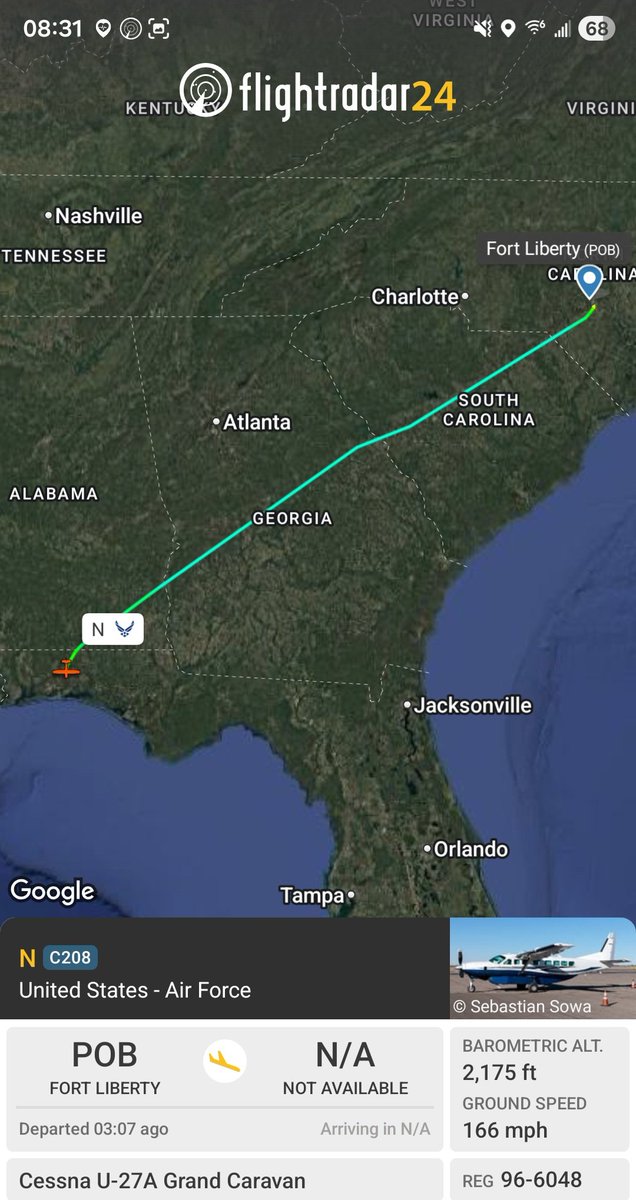 Borrowed7Time's tweet photo. USAF: A variety of SOCOM aircraft over the FL panhandle:
U-27A Grand Caravan 96-6048 #AE17CB as N
AT-802U Sky Warden 22-0002 #AF83F5 as DUSTY46
U-28A Draco 07-0829 #AE5B89 as DAGGR44
EC-130J(?) 96-8154 #AE0248 HYDRA17
@sipjack1776 @LadyAstroJet https://t.co/ansMpQksmL