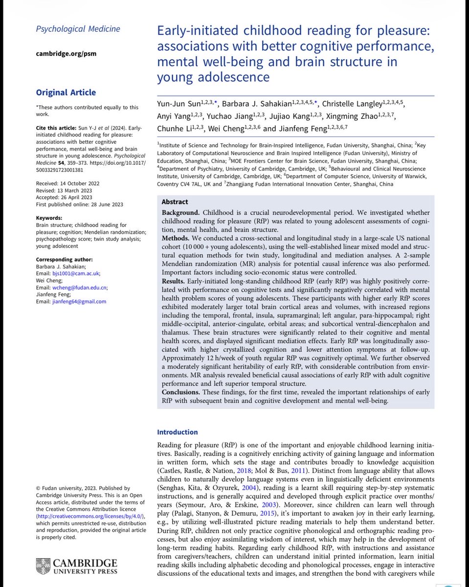 🎯 هل يمكن لعادة بسيطة يكتسبها الإنسان في الطفولة لكنها تترك أثراً طويل المدى في دماغ الإنسان وصحته النفسية؟

دراسة علمية رصينة مبنية على متابعة  دقيقة لعينة من أكثر من عشرة آلاف طفل بحثت في الأثر الإيجابي للقراءة الحرة  في سن مبكرة.
النتائج كانت لافتة.

💡الأطفال الذين بدأوا