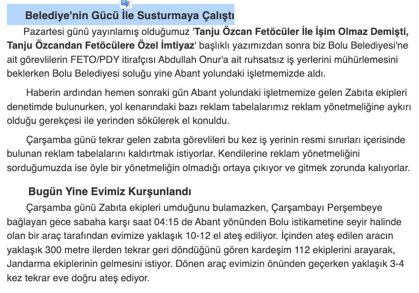 💢Rüşvetle yargılanan Bolu Belediyesi eski başkanı Tanju ÖZCAN ilk olarak ben ve ailem üzerinde  görevini kötüye kullanarak TEHDİT ve İRTİKAP suçlarını işledi o tarihte yapmış olduğumuz tüm şikayetler sonuçsuz kaldı. Kimse yanımızda durmadı Allah'a sığındık sabrettik.
👉Şimdi