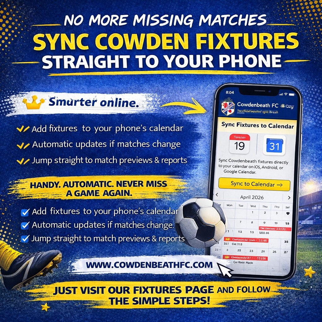 CowdenbeathFC's tweet photo. 𝐂𝐎𝐖𝐃𝐄𝐍𝐁𝐄𝐀𝐓𝐇 𝐅𝐂 𝐅𝐈𝐗𝐓𝐔𝐑𝐄𝐒 𝐍𝐎𝐖 𝐒𝐘𝐍𝐂 𝐃𝐈𝐑𝐄𝐂𝐓𝐋𝐘 𝐓𝐎 𝐘𝐎𝐔𝐑 𝐏𝐇𝐎𝐍𝐄 𝐂𝐀𝐋𝐄𝐍𝐃𝐀𝐑

✅ Another upgrade is already live on the new Cowdenbeath FC website.

𝐍𝐨 𝐌𝐨𝐫𝐞 𝐌𝐢𝐬𝐬𝐢𝐧𝐠 𝐌𝐚𝐭𝐜𝐡𝐞𝐬
With the fixtures synced to your device you will never accidentally schedule something unimportant on a match day again. Things like weddings, family birthdays, trips abroad...or other questionable life decisions.

🔔 Your calendar will now politely remind you that Cowdenbeath comes first.

🤝 Huge thanks to Scott Chalmers, who suggested the feature. Give it a try and keep your diary clear for the Blue Brazil.

🌍 Where are you syncing the fixtures from? Cowdenbeath, Fife, or further afield? Let us know in the comments section, even if you're not syncing it would be cool to see how far our fan base reaches. #RollCall

Learn how to sync and read more 👉
https://t.co/jGkSbba7kn

For everything CFC visit
https://t.co/QTqJJkrQNp

#ScheduleAroundCowden
#BlueBrazilPriorities
#ProperPlanning
#DontDoubleBookCowden