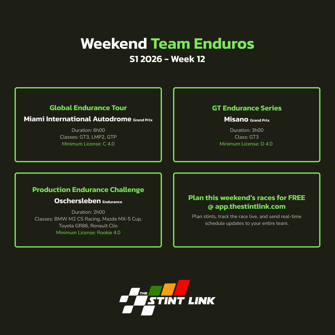 TheStintLink's tweet photo. Whether you think six hours in Miami is "simply lovely," or "racing or ping pong," we'll help you plan and track it live on iRacing for free this weekend. https://t.co/jRVC1y7M0b
