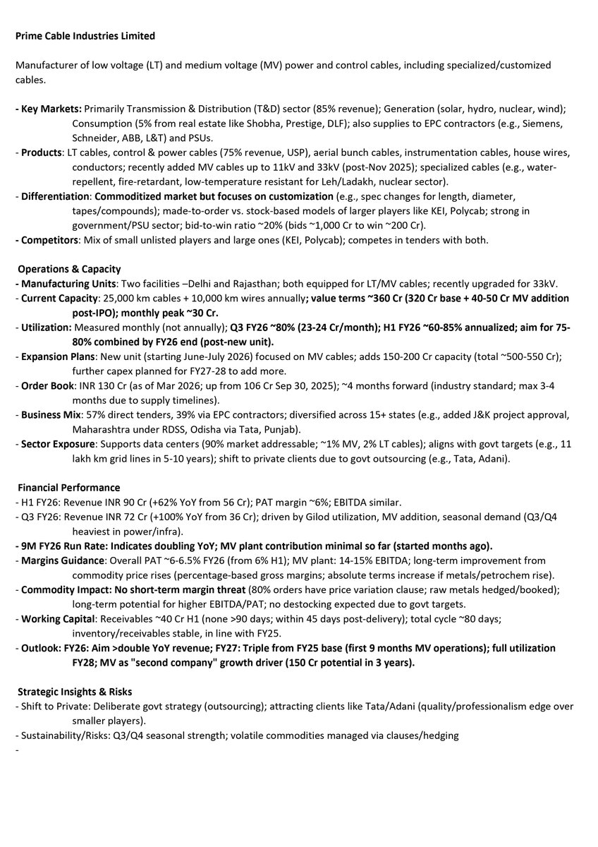 sachprat07's tweet image. Arihant Bharat Connect Conference March '26:

👉Day 1: 

💠Sathlokar Synergys E&amp;amp;C Global
💠Prime Cable Industries
💠Taurian MPS
💠Shree Refrigerations
💠Silkflex Polymers
💠Classic Electrodes
💠TBI Corn
💠Dar Credit &amp;amp; Capital

#sathlokar #ssegl #primecab #primecableindustries