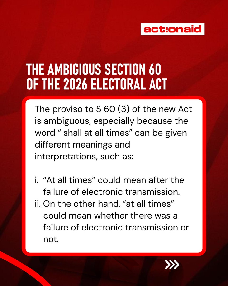 Tegadeyforyou's tweet photo. If we truly want credible elections, the law must be airtight. Unfortunately, #Section60(3) of the #2026ElectoralAct leaves a dangerous gray area around result transmission. Ambiguity in electoral law is a loophole that can undermine trust in the process. https://t.co/yP9Gj95oyf