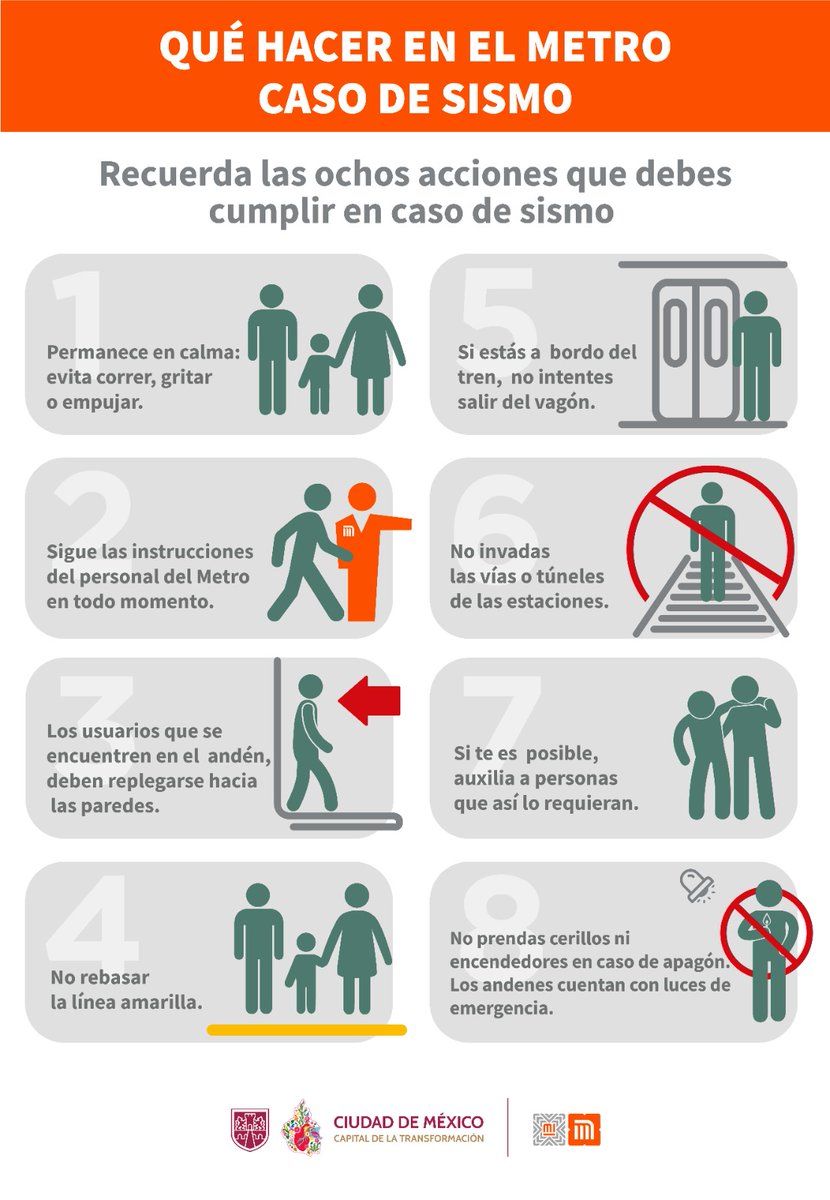 MetroCDMX's tweet photo. Ante un sismo, mantén la calma y sigue en todo momento las indicaciones del personal del Sistema.
El Metro es un espacio seguro y cuenta con protocolos establecidos ante este tipo de contingencias.
#CuidarteEsParteDelViaje https://t.co/wG2pbjdBCJ