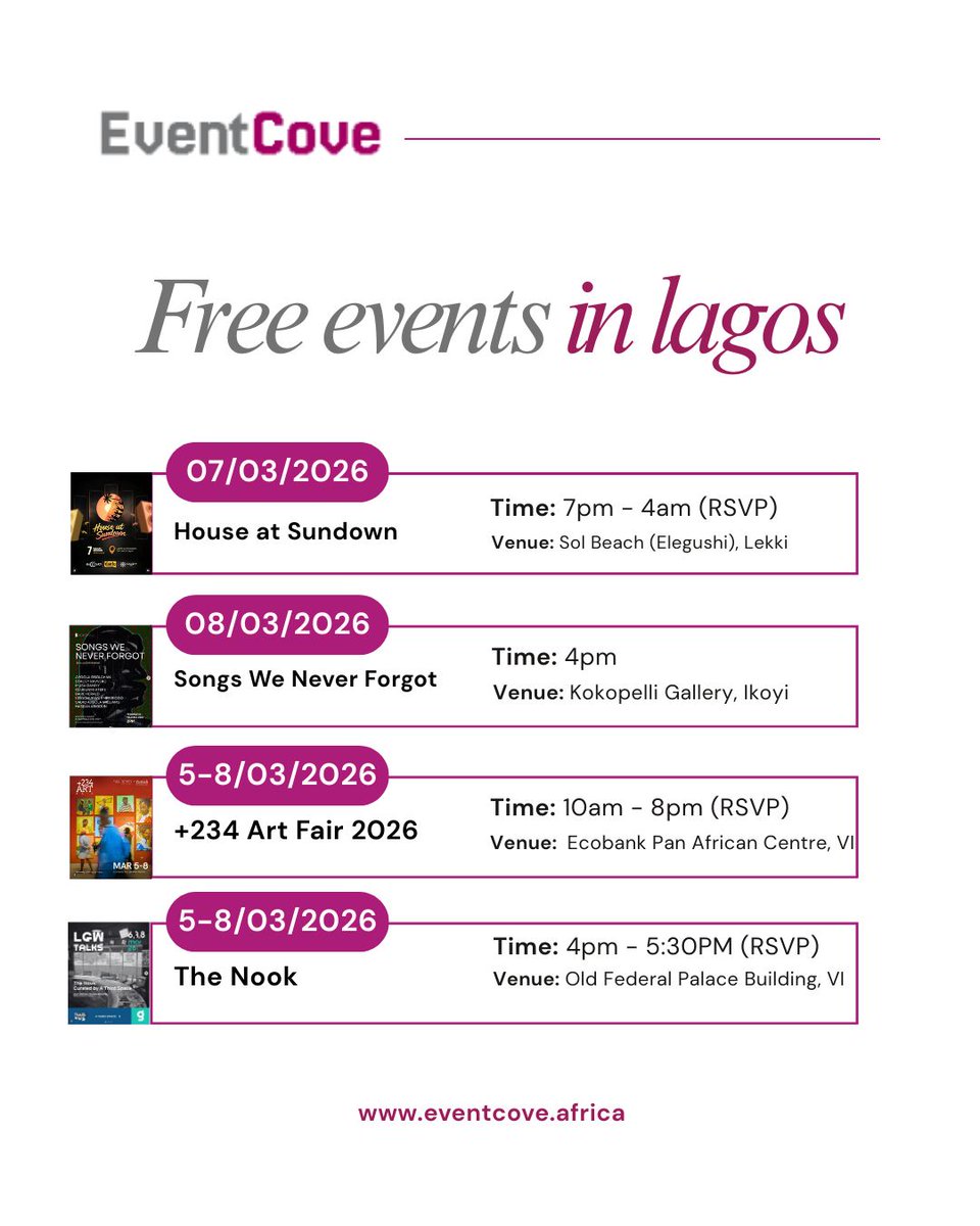 eventcoveafrica's tweet photo. Lagos is expensive, but your weekend doesn't have to be. 😎 

Which one are you sliding to? 👇 
(📷 :loud &amp; quiet)

#violetsforher peller mavo nysc nigeria https://t.co/LbUvxCu8dj