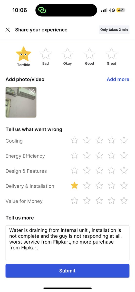 sandly0's tweet photo. @flipkartsupport 

This is my order id OD436884759955518100 Delivered on 27th
and installation was terrible , when I tried to contact your Jeeves , I’m scheduling it every day and there is no one responding, tried to share a review of my terrible experience then it won’t take . https://t.co/3XbOQrA9HH