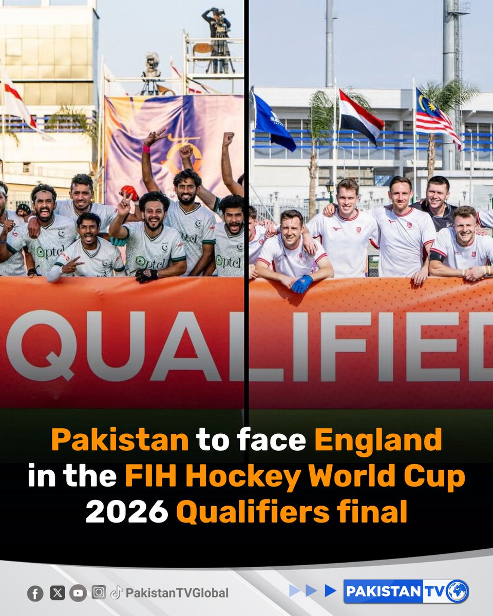 PakTVGlobal's tweet photo. Pakistan will face England in the final of FIH World Cup 2026 Qualifiers tomorrow at 11pm (PKT).
#PakistanHockey #FIHHockey #PAKvsENG #PakistanTV #PakistanTVglobal https://t.co/m4inQv59ke