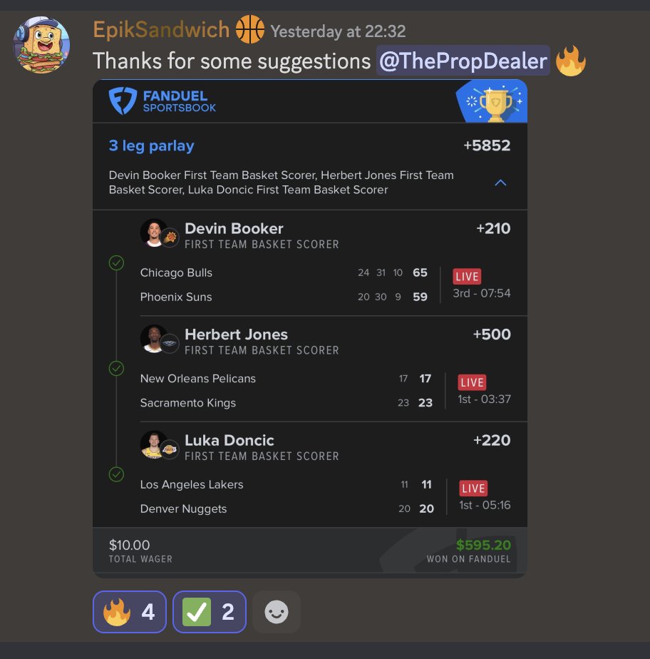 thepropdealer's tweet photo. $10 INTO $595 CASHED ON MY FIRST BASKET MODEL 🤯🤯🤑🤑

My model absolutely cleaned up last night... SO many of you cashed huge parlays &amp; we're doing it again tonight 🔥

$5 first week promo is back to celebrate 🎉

Get your first week for just $5 ➡️ https://t.co/V4J39ysq3y https://t.co/XkqFGKC5TG