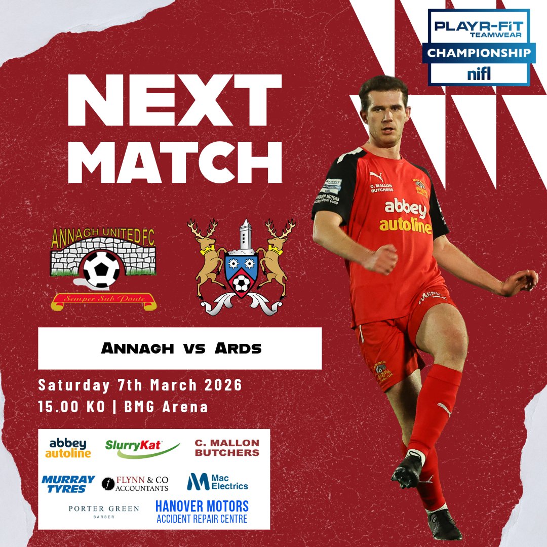 ⚽ 𝗦𝗔𝗧𝗨𝗥𝗗𝗔𝗬 ⚽

It's back to regular scheduling as we host Ards in Game 3️⃣1️⃣ of the #PlayrFitChamp 

🏆 NIFL Championship
⚽ <a href="/ArdsFC1900/">Ards Football Club</a>
📅 07/03/25
🏟️ BMG Arena
⏰ 15.00 KO
🎟️ £10/£7 conc

🔴⚪⚽