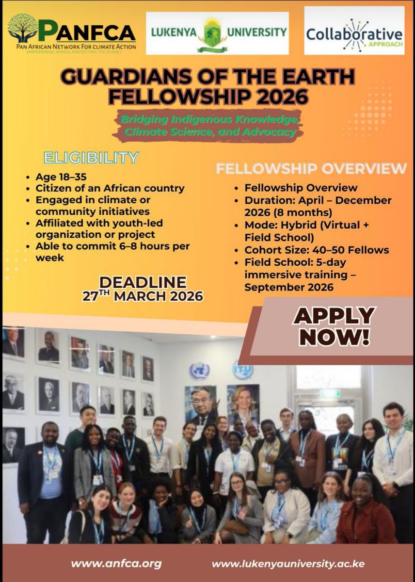Young Africans aged 18–35 passionate about climate action and community development are invited to apply for the 2026 Guardians of the Earth Fellowship, an 8-month leadership program (April–December 2026) organized by the Pan African Network for Climate Action and Lukenya