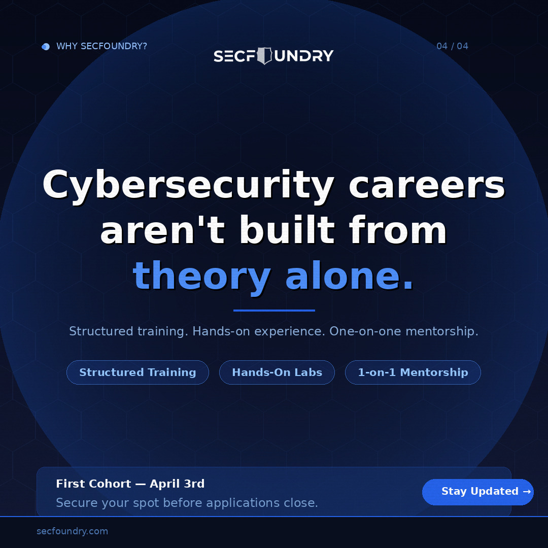 joinsecfoundry's tweet photo. SecFoundry's First Cohort is now open for enrollment.

A structured, hands-on cybersecurity training program built for beginners, graduates, and career switchers ready to break into the field.