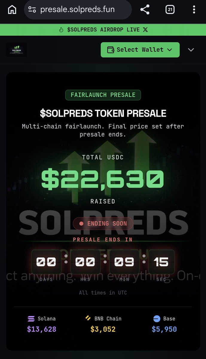 10 minutes remain to contribute USDC to presale.SOLPREDS.FUN

🚀 launch is scheduled for March 9th. 

Under any circumstances if launch does not happen March 9th, all presale contributions will be refunded. There is a chance we decide to refund and bootstrap liquidity