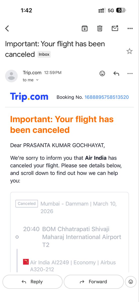 PGochhayat's tweet photo. @AirIndiaX I have received email from trip. Com that my tickets is canceled..pls update https://t.co/h7ptpD1K0X
