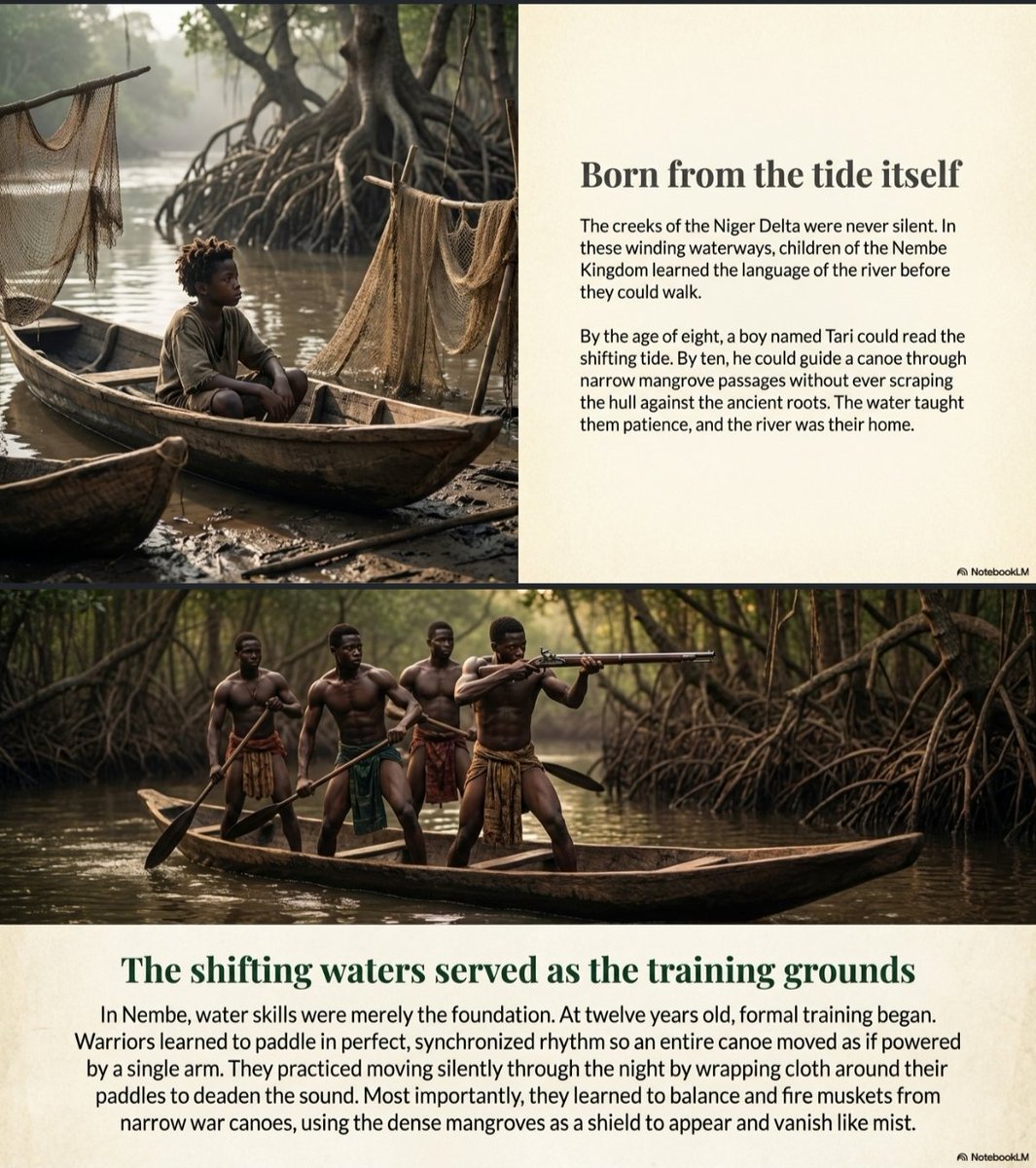 FictionXHistory's tweet photo. Born on the water among the mangroves of the Nembe Kingdom, a powerful riverine state controlling trade routes through the Niger Delta, Tari grew with the river. From boyhood he mastered silent paddling, narrow creeks &amp; ambush tactics,  #NembeKingdom #History #Bayelsa https://t.co/oFhd1hAOkd