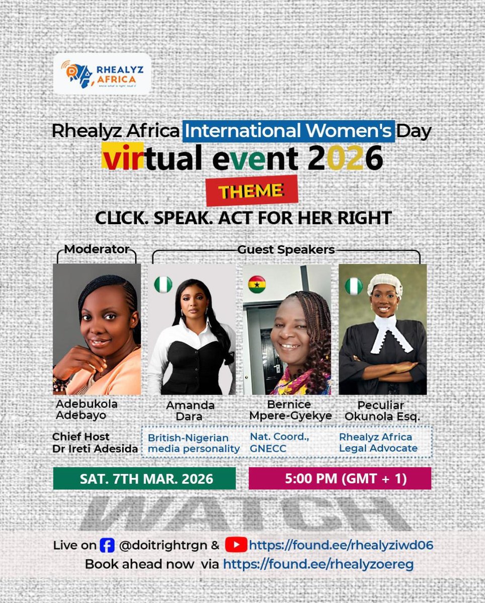 Ready to stand up for HER rights? 📢 Join our International Women’s Day 2026 virtual event!
​Insights on leadership &amp; advocacy with an incredible lineup of speakers.
​📅 Mar 7 | 5 PM (GMT+1)
🔗 Watch: found.ee/rhealyziwd06
📝 Reg: bit.ly/4crQrFX
​#IWD2026 #Rhealyziwd