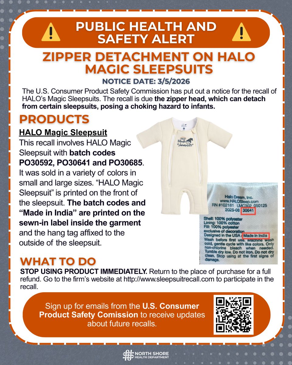 There is a safety recall for HALO's Magic Sleepsuits with batch codes PO30592, PO30641 and PO30685. Check the tag on your sleepsuits and visit their website for a refund or replacement suit. Sign up for emails for recalls from the US CPSC here: bit.ly/3Nnp45N