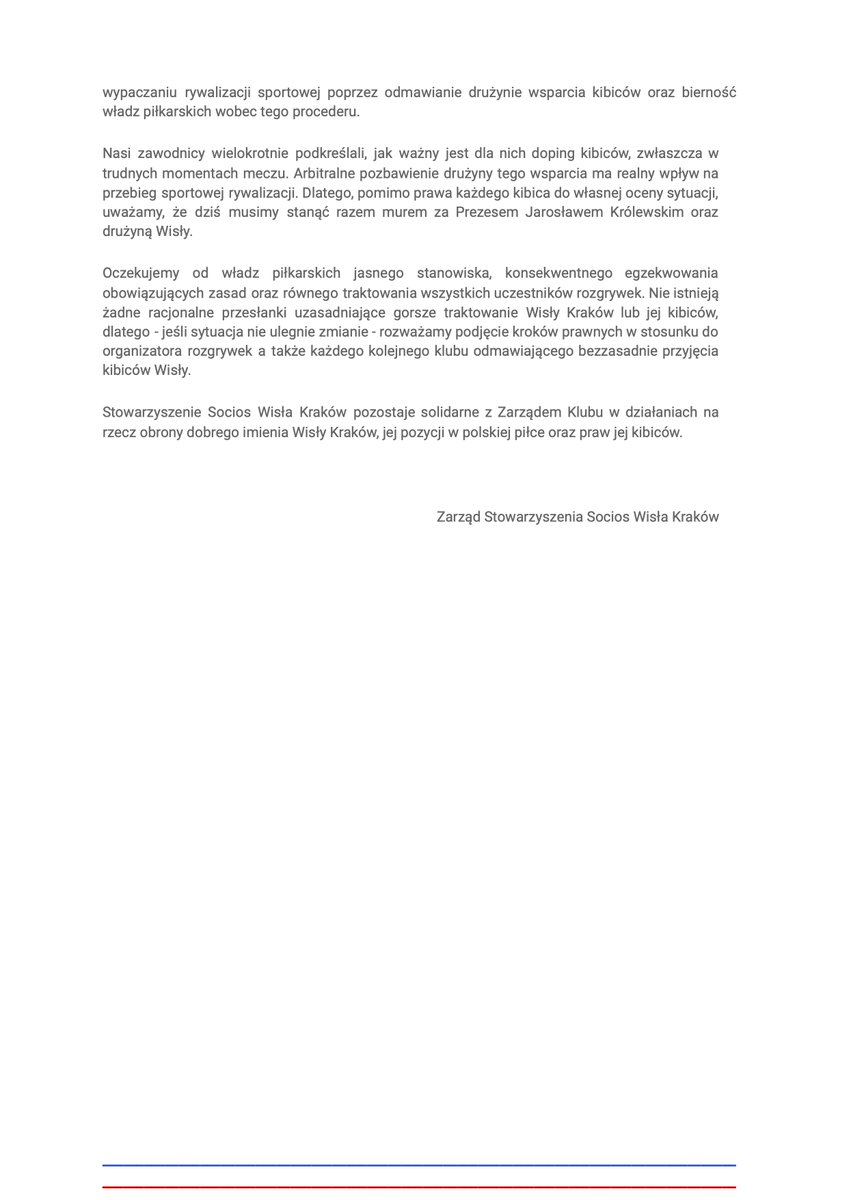 SociosWisla's tweet photo. Jako organizacja, która od lat udowadnia swoje przywiązanie do Klubu poprzez realne wsparcie organizacyjne i finansowe, nie możemy pozostawać obojętni wobec kolejnych przejawów nierównego traktowania @WislaKrakowSA  oraz jej kibiców. Wyrażamy poparcie dla działań podejmowanych przez Prezesa Wisły Kraków @jarokrolewski  w związku z wydarzeniami dotyczącymi meczu z @SlaskWroclawPl .

Prosimy o zapoznanie się z naszym oświadczeniem!

@pzpn_pl @Czarek_Kulesza @LukasWachowski @_1liga_   - ŁĄCZY NAS PIŁKA?!