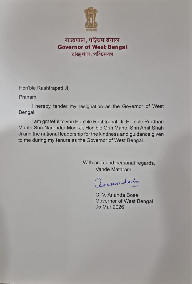 My innings in West Bengal is coming to a close. I am deeply indebted to the great people of Bengal for the affection and regards lavished on me. I am shifting to Kerala to work towards Viksit Bharat. I will work under the guidance of the national leadership for achieving the