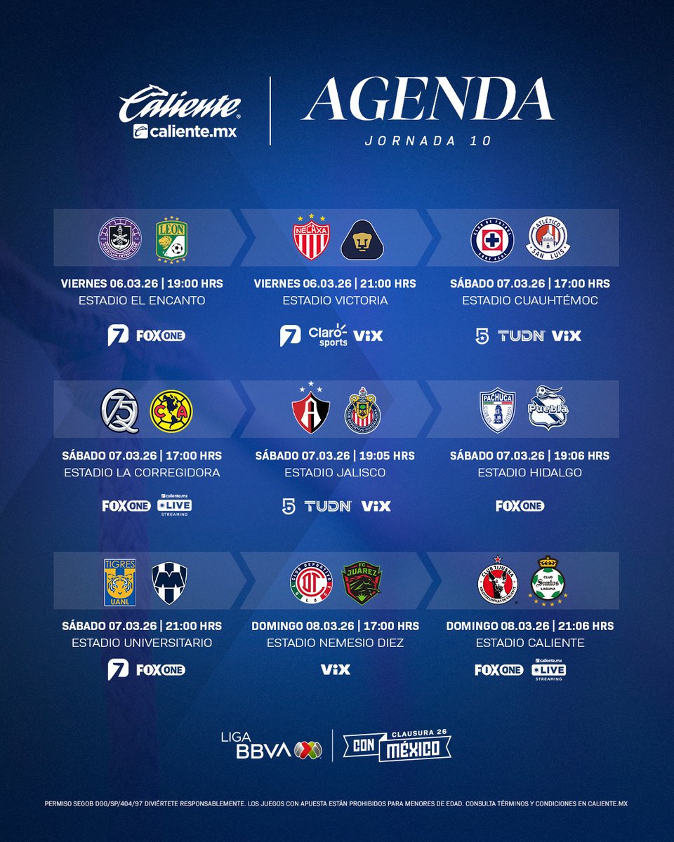 ¡Más futbol esta semana! Llega la #Agenda con las transmisiones para esta #Jornada10 del #ConMéxicoC26. 📅

¡Regístrate ahora en <a href="/calientesports/">Caliente Sports</a> y RECIBE $1,000 DE REGALO para comenzar a apostar! 📲  Da clic aquí: bit.ly/46VlDZh 

🔥 #MásAcciónMásDiversión